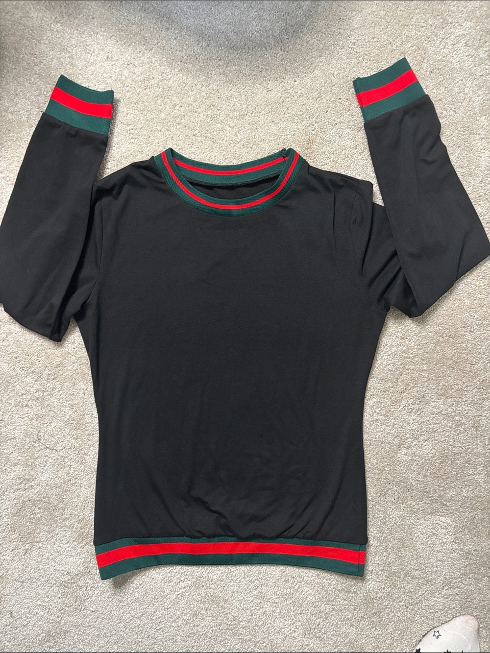 Source Unknown Black Crewneck Top with Red & Green Trim